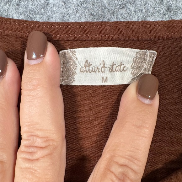 Altar'd State Brown Ruched‎ Long Sleeve Peplum Top Size M Peasant Forest Fairy - Picture 3 of 8